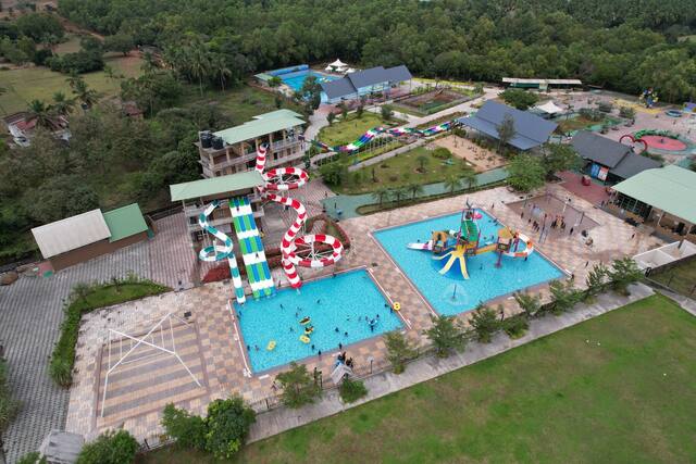 Slide tower and pools from above