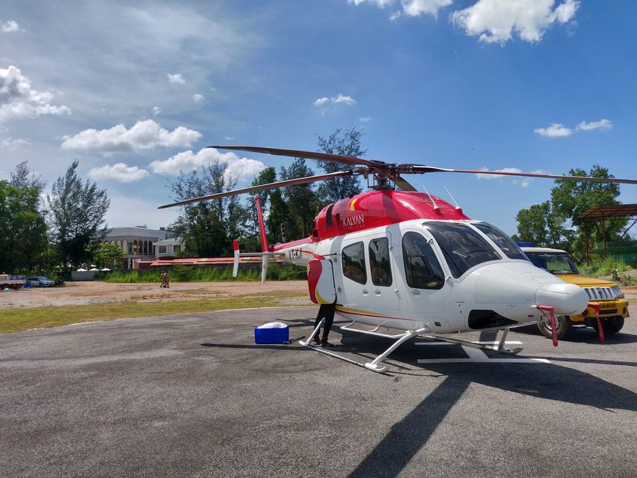 A charter helicopter on the UVA Meridian helipad